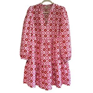 Boden Esme Short Linen Colorful Flowy Dress in Pink Power Geometric Stamp Sz 6R